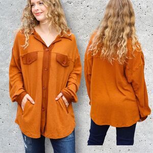 Haptics Only For You Rust Waffle Button Down Oversized Shacket L Fall Flannel